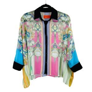 Clover Canyon Pastel Blue Multi Sheer Floral Button Up Blouse Oversized XS